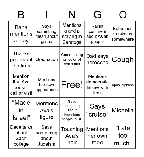 Baba Bingo Card