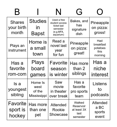 First Day Bingo Card