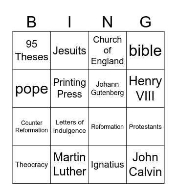 Protestant Reformation Bingo Card