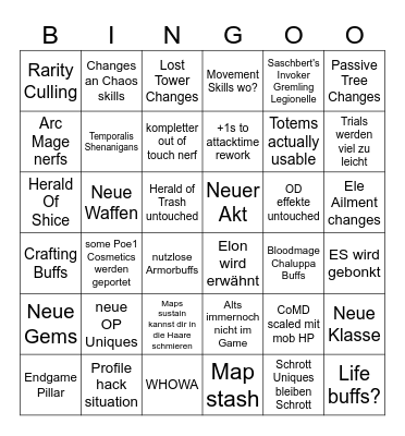 GGG Stream Bingo Card