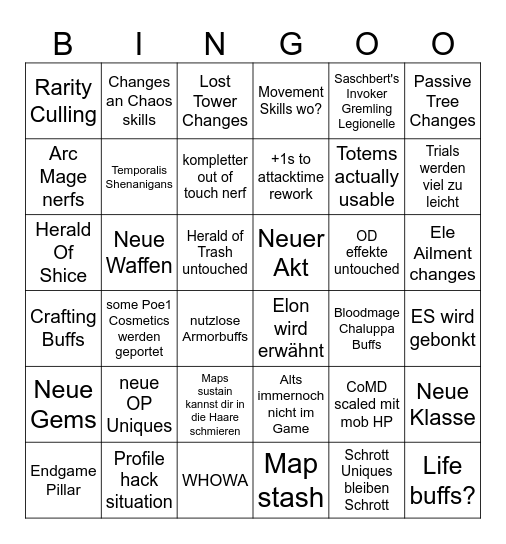 GGG Stream Bingo Card