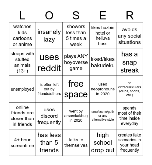 Loser Bingo Card