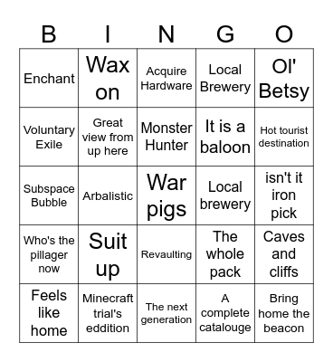 Minecraft Achievement Game Bingo Card