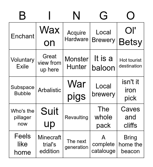 Minecraft Achievement Game Bingo Card