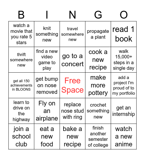New Years Bingo Card