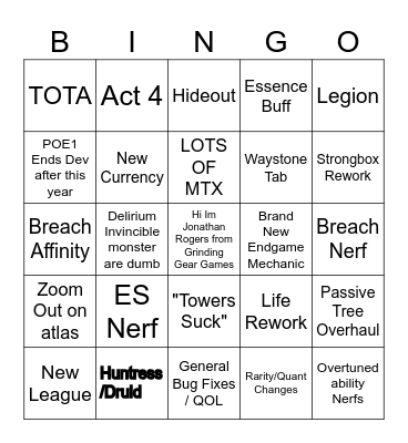 GGG Announcement Bingo Card