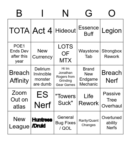 GGG Announcement Bingo Card