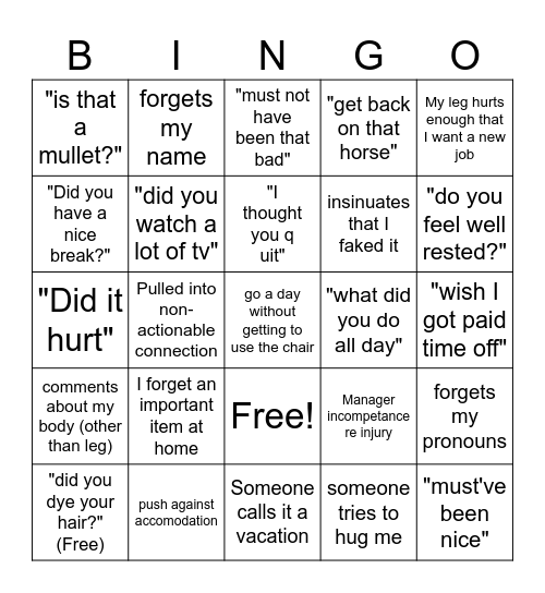 First Week Back Bingo Card