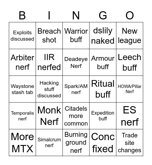 POE2 Stream bingo Card