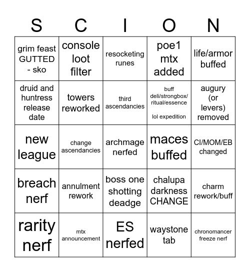 POE 2 Announcement BINGO Card