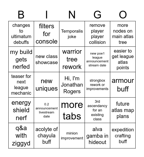 poe copium bingo Card