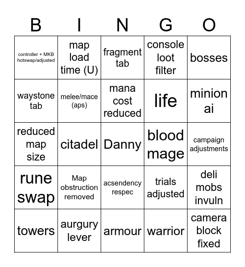 POE 2 0.1.1 BUFFS/QoL Bingo Card