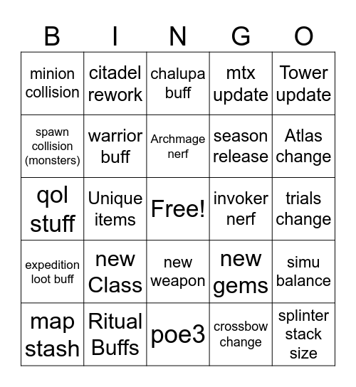 Poe 0.1.1 Anouncement Bingo Card