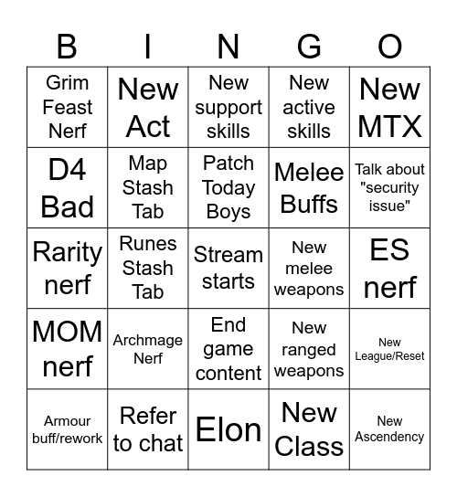 POE 0.1.1 Bingo Card