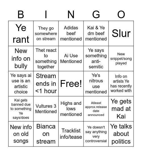 Kai Cenat x Ye stream Bingo Card