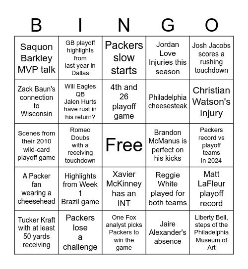Packers Bingo Card