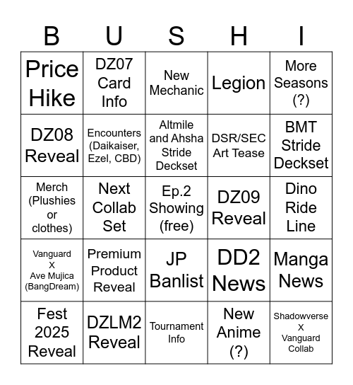 Bushiroad TCG Strategy Presentation 2025 Bingo Card