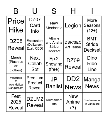 Bushiroad TCG Strategy Presentation: Vanguard Bingo Card