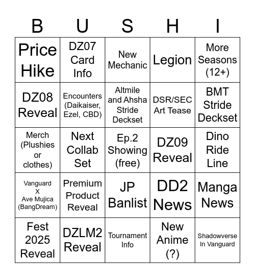 Bushiroad TCG Strategy Presentation: Vanguard Bingo Card