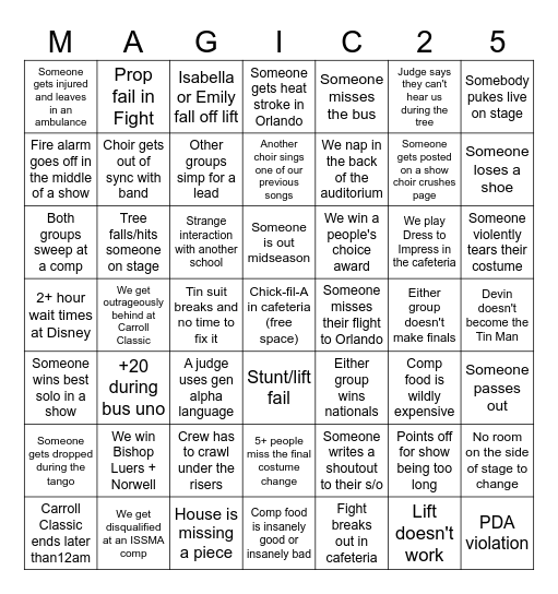 2025 Comp Season Bingo Card