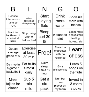 New year resolution Bingo Card