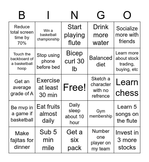 New year resolution Bingo Card