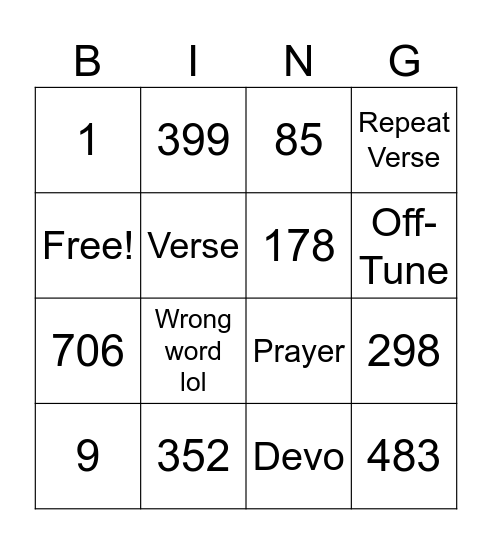 Singing Night Bingo Card