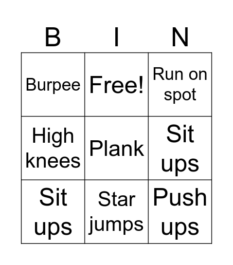 Fitness Bingo Card