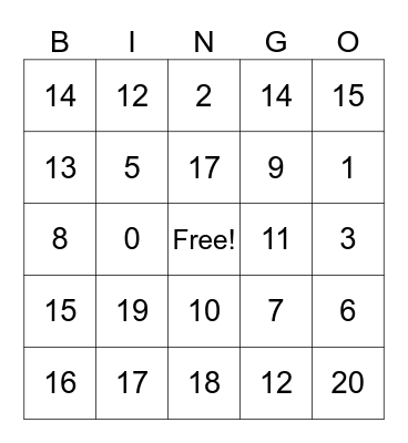 Subtraction Facts (20) Bingo Card