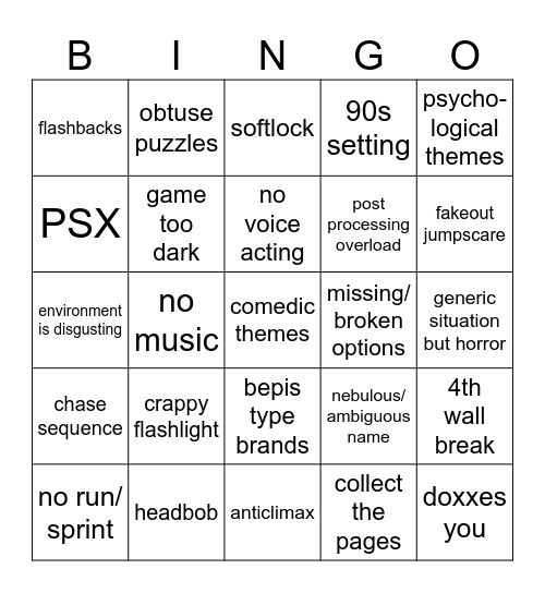 Indie Horror Bingo Card