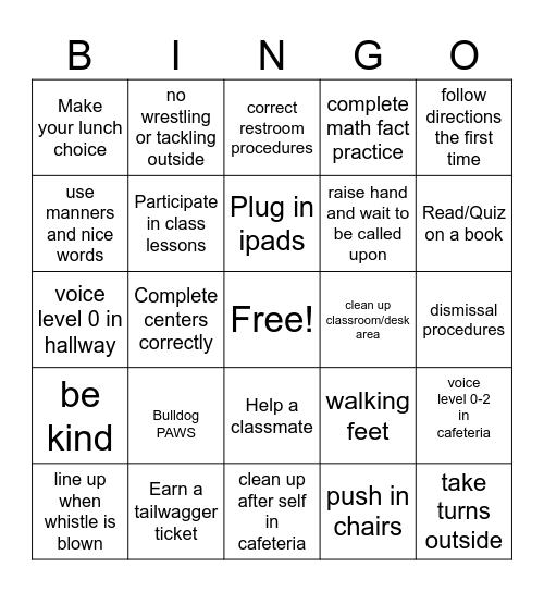 Behavior Bingo Card