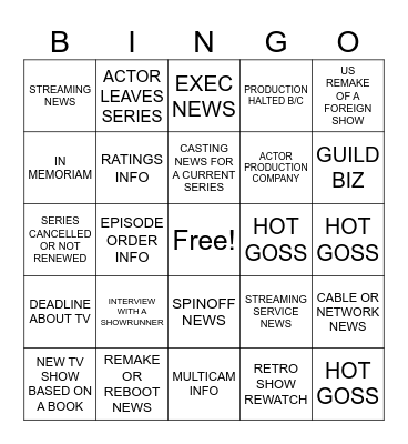 WRITING THE TELEVISION SPEC BINGO Card