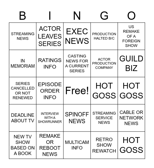 WRITING THE TELEVISION SPEC BINGO Card