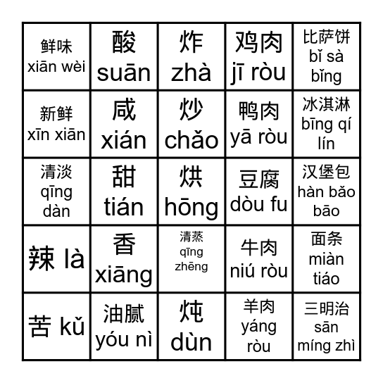 菜单 (Menu) Bingo Card