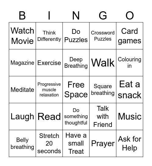 Relaxation Bingo Card