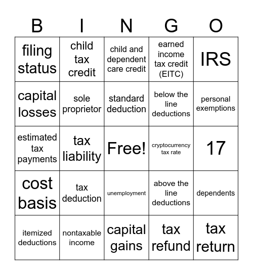 Filing Taxes Terms Bingo Card