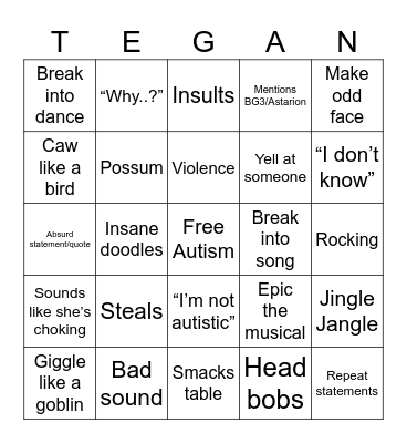 Tegan Bingo Card