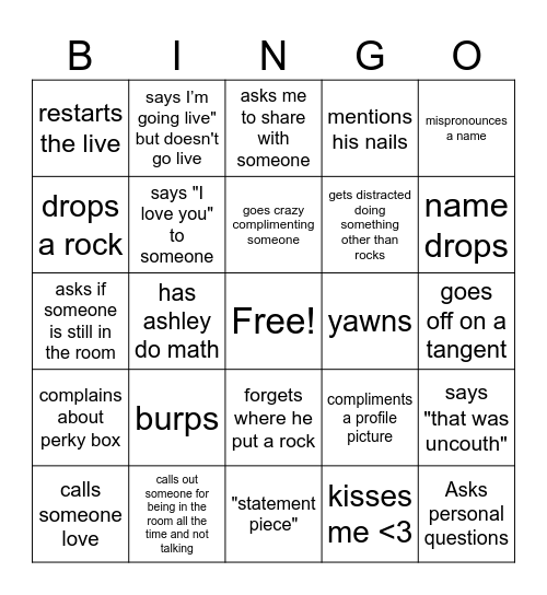 Jeremy Sells Rocks III Bingo Card