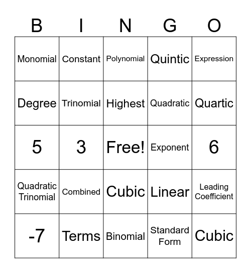 Classifying Polynomials Bingo Card