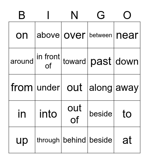 Prepostion Bingo Card