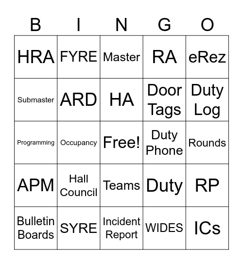 Res Life Lango Bingo Card
