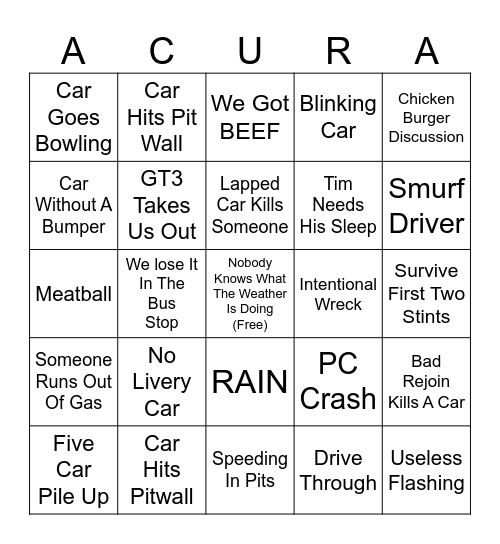 Daytona 24 Bingo Card
