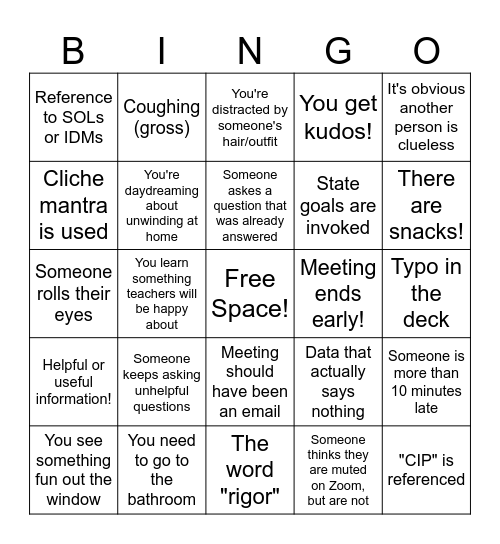Admin Meeting Bingo Card