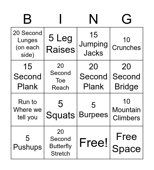 4H Excercise Bingo Card