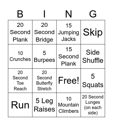 4H Exercise Bingo Card