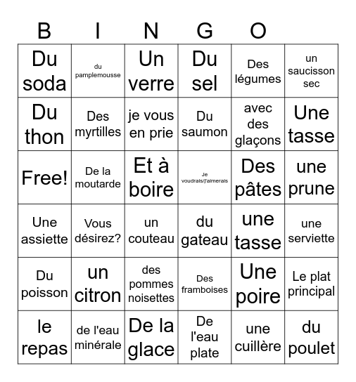 Les aliments Bingo Card