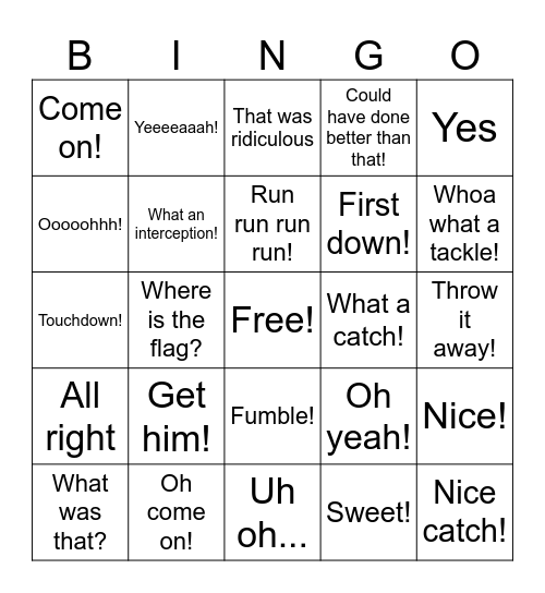 Dad's Football Bingo Card