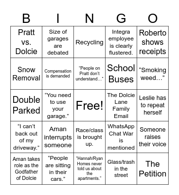 HOA Meeting Bingo Card