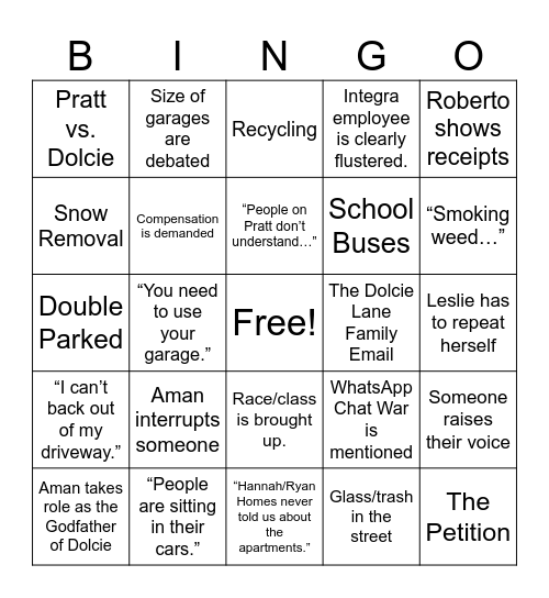 HOA Meeting Bingo Card