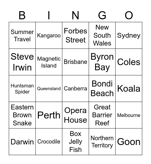 Australia Bingo Card